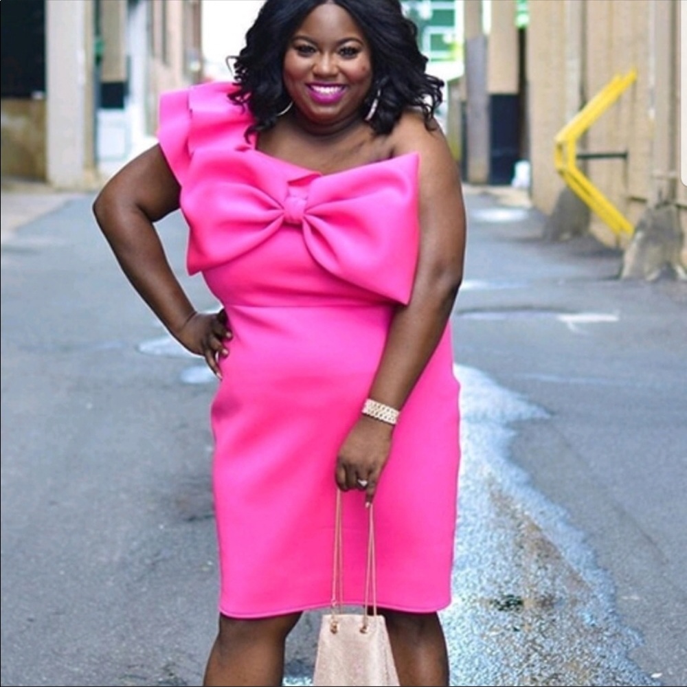 Plus Neon Pink Big Bow One Shoulder Bodycon Dress